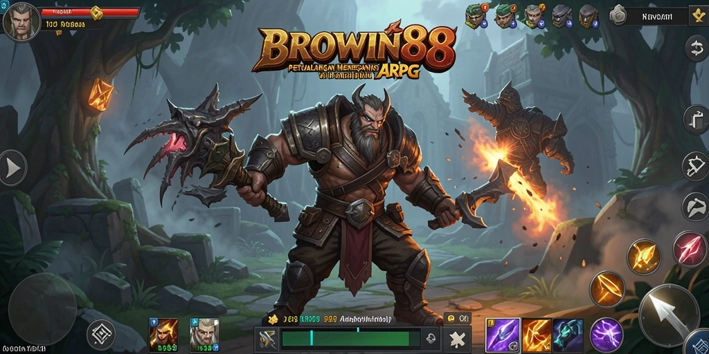 Tangkapan layar gameplay BROWIN88 menampilkan pertempuran dinamis dan karakter keren.
