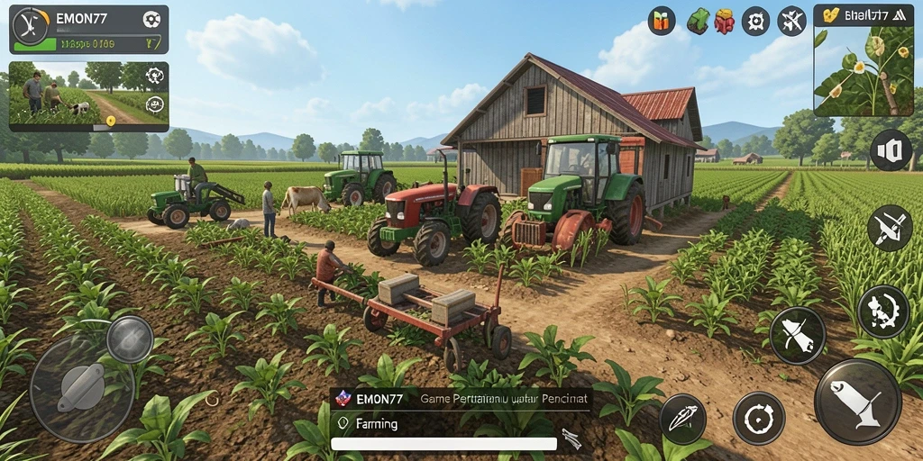 Tampilan gameplay seru dari EMON77 dengan berbagai aktivitas pertanian.