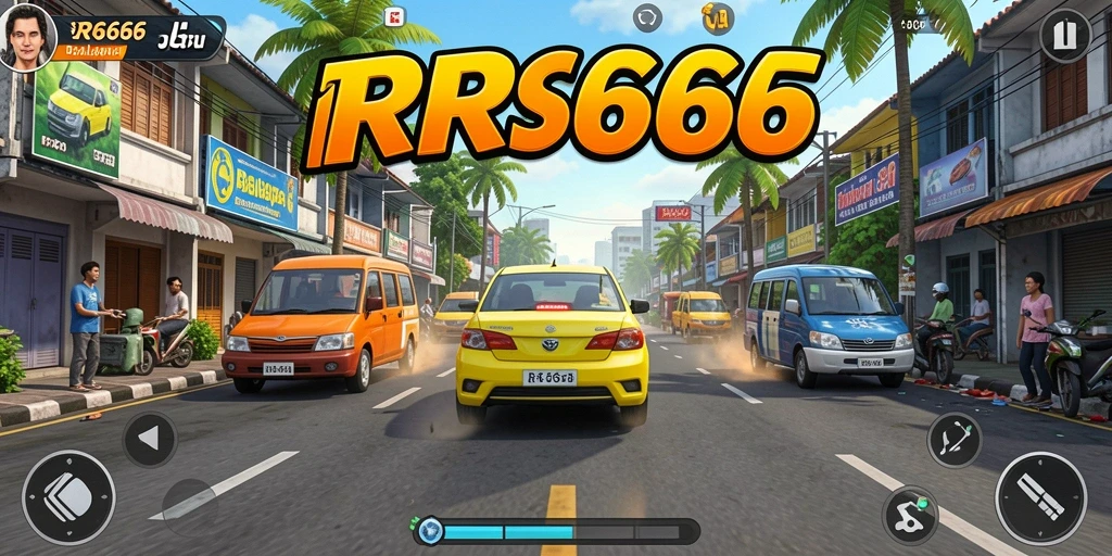 Screenshot gameplay RR666 menampilkan mobil balap melaju kencang di trek yang menantang.